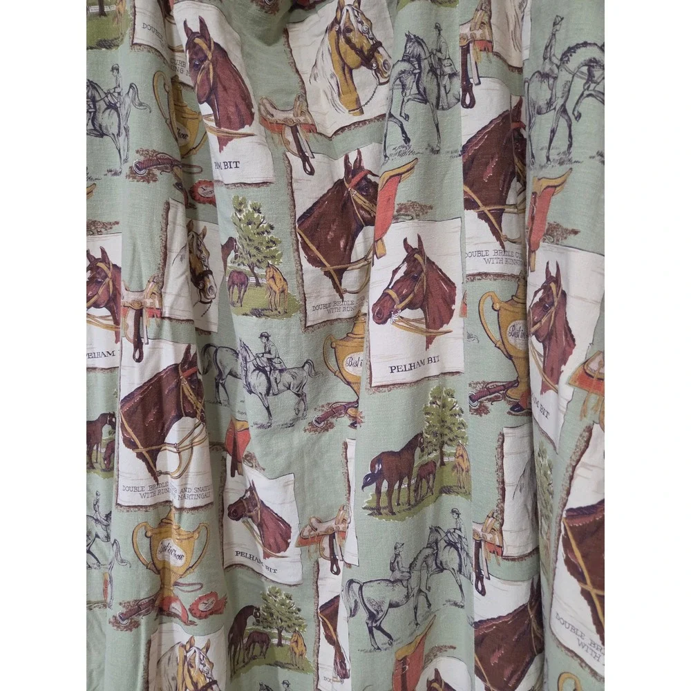 Vintage Equestrian Horse Print Curtain Panel Sage Green English Country 45x76